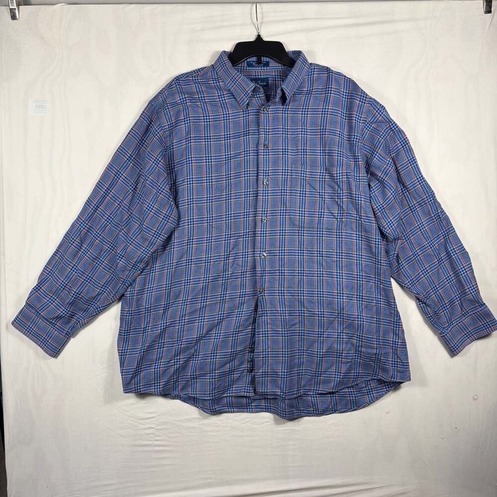 Paul Fredrick Men's Blue Plaid Houndstooth 100% Cotton Sport Shirt XXL